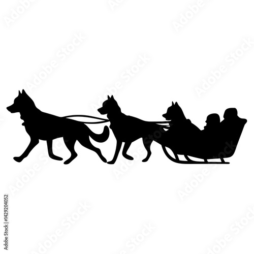 Silhouette of dogs pulling a sled with people on a white background