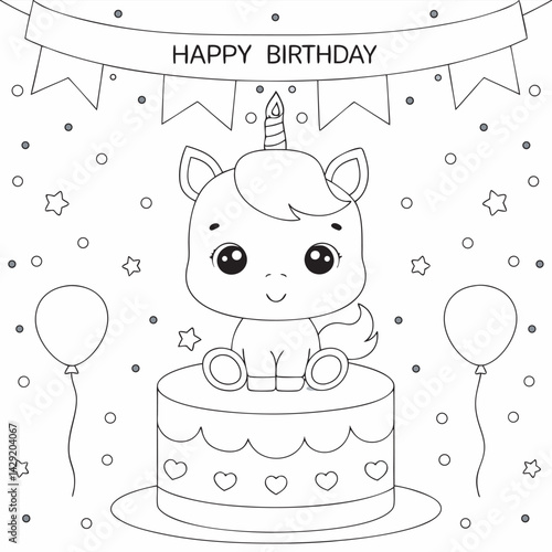 Happy Birthday Unicorn Cake Coloring Page, drawing design