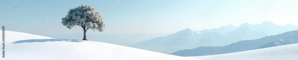 A solitary tree on a white hillside with distant mountain range, sky, solitude, landscape A solitary tree on a white hillside with distant mountain range, sky, solitude, landscape