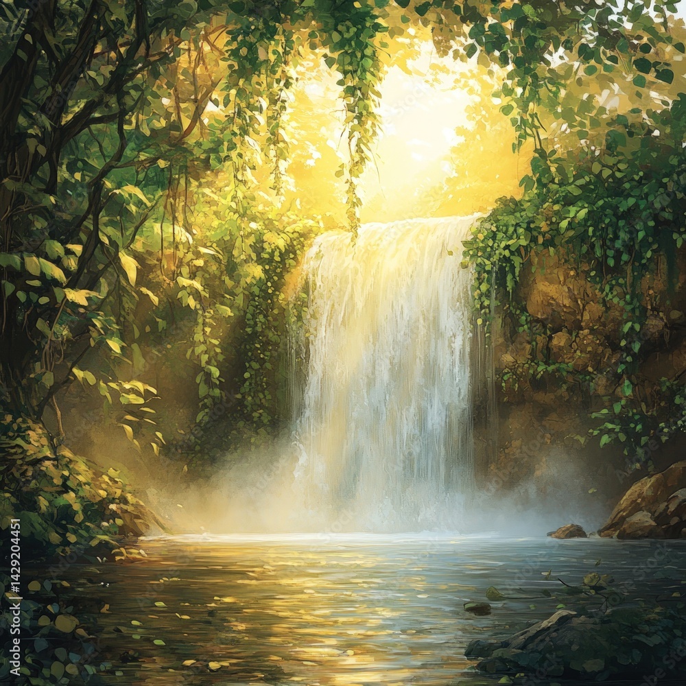 Lush waterfall cascading into serene pool, bathed in golden sunlight. Lush jungle foliage surrounds tranquil scene