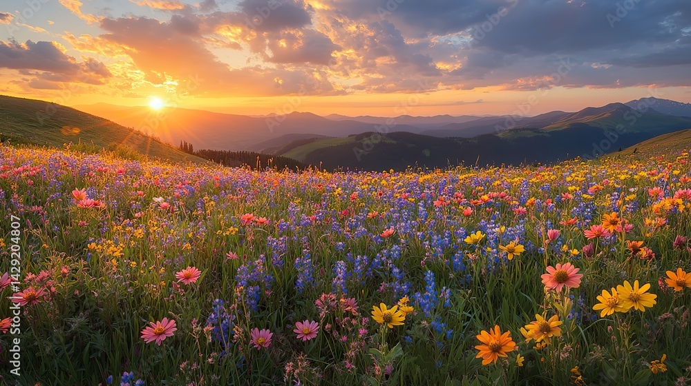 Obraz premium Wildflowers blanket a vibrant meadow, a colorful foreground against rolling hills in the warm sunset glow, a serene, picturesque view.