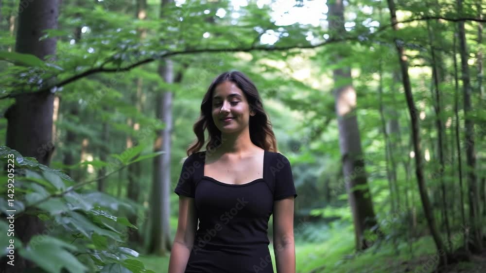 A young woman stands peacefully in a vibrant green forest A young woman stands peacefully in a vibrant green forest