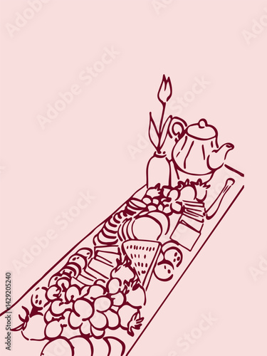A tray with a tulip and a strawberry. crackers and cheese. Vector illustration for invitations, postcards and posters