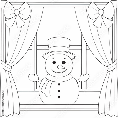 Snowman at Window Coloring Page Winter, drawing design