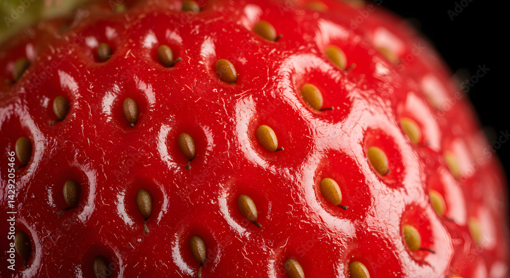 Macro Close-up of Ripe Strawberry Surface, Vivid Red Hues and Achene Detail Macro Close-up of Ripe Strawberry Surface, Vivid Red Hues and Achene Detail