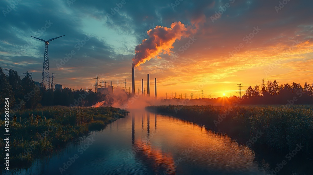 Wind turbines and solar panels contrast with a coal-fired power plant emitting smoke, highlighting the conflict between renewable and traditional energy. Wind turbines and solar panels contrast with a coal-fired power plant emitting smoke, highlighting the conflict between renewable and traditional energy.