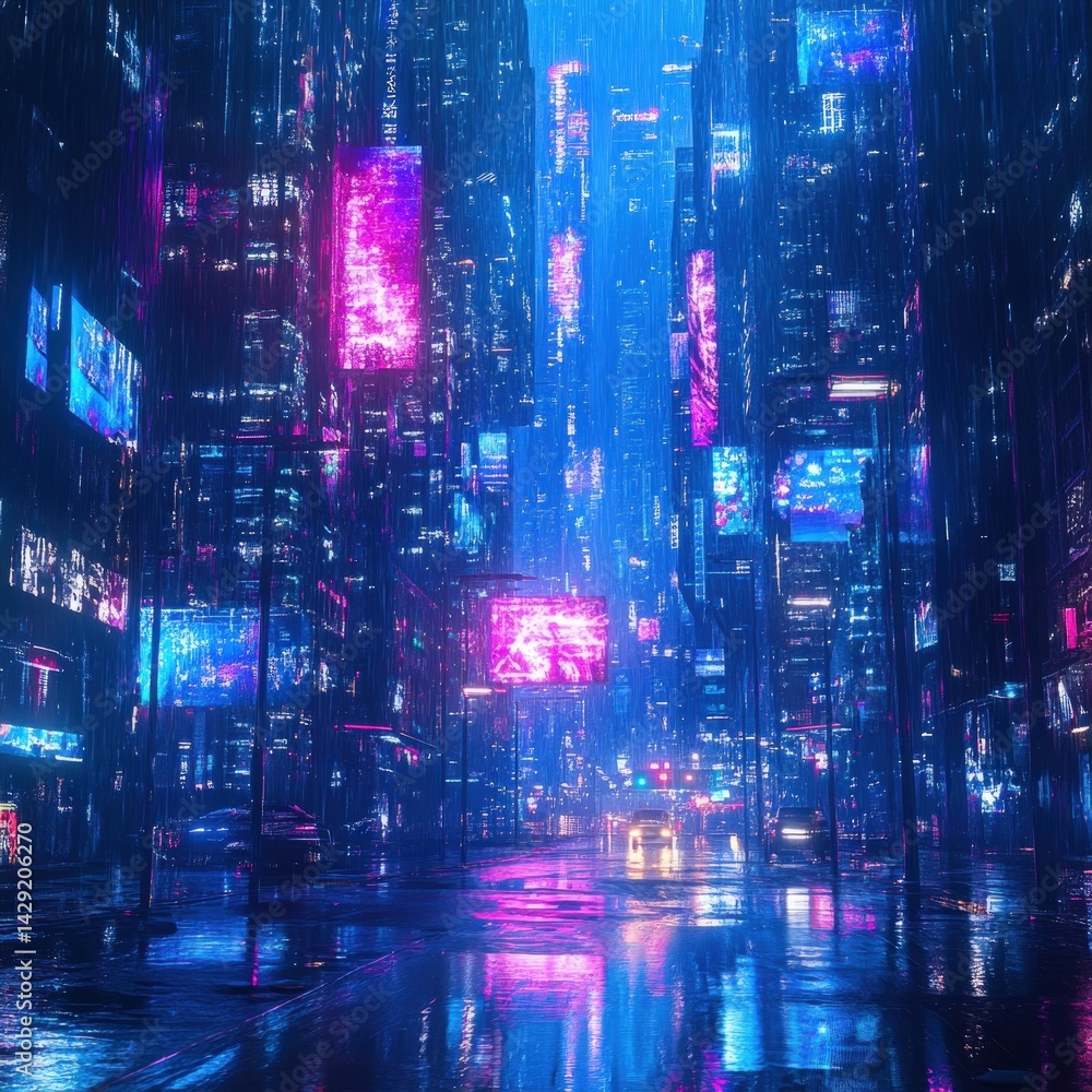 Naklejka premium Neon-lit city street at night, wet pavement reflecting vibrant digital displays