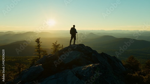 Silhouetted hiker atop a mountain peak at sunrise.