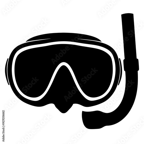 Black and white illustration of a scuba diving mask and snorkel