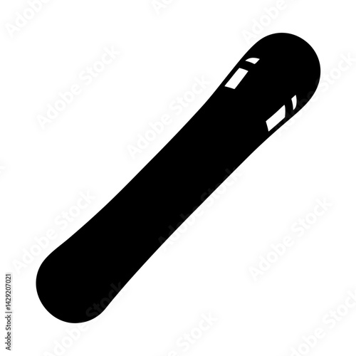 Stylized black and white snowboard illustration with rounded edges and cutouts