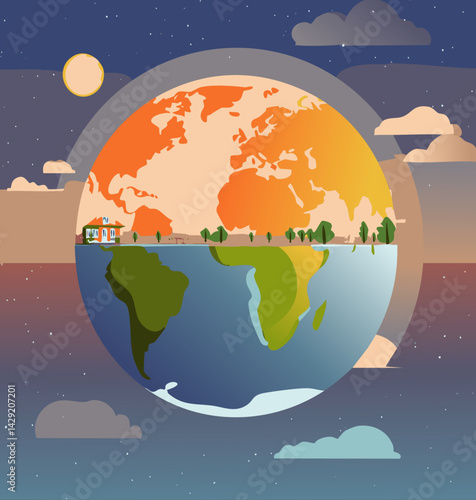 Day and Night Split Earth Illustration – Environmental Balance and Global Harmony Concept

