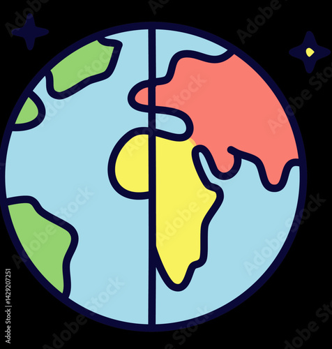 Cartoon Earth in Space – Flat Globe Icon with Stars and Continents Highlighted

