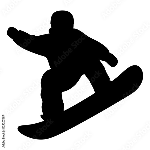 Silhouette of a snowboarder performing a jump against a white background
