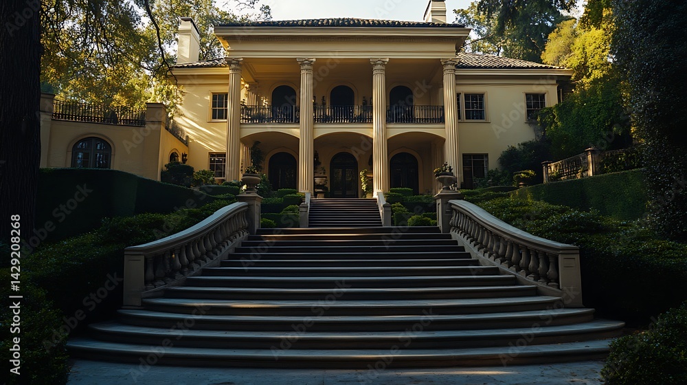 Naklejka premium Grand estate mansion with ornate staircase and lush landscaping.