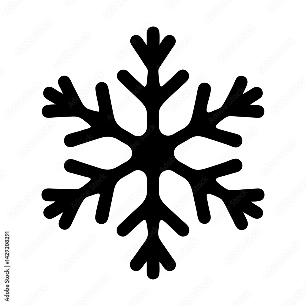 Stylized Snowflake Illustration with Symmetrical Design and Solid Black Fill on White Stylized Snowflake Illustration with Symmetrical Design and Solid Black Fill on White