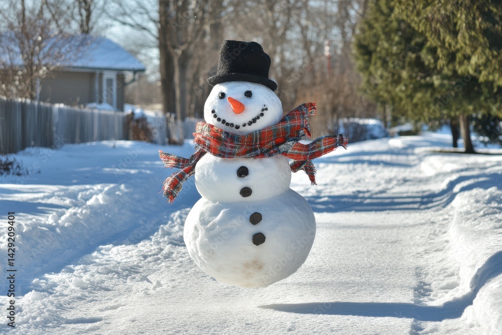 Naklejka premium Hilarious snowman dashes through snow with scarf flying and hat bouncing in winter wonderland fun