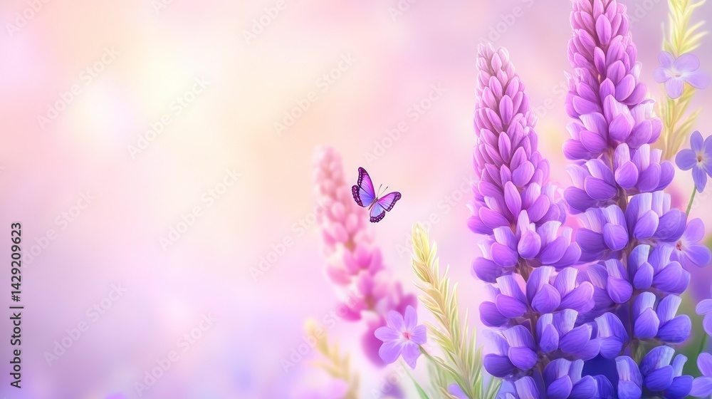 Purple Lupines and Butterfly in a Soft Spring Meadow Purple Lupines and Butterfly in a Soft Spring Meadow