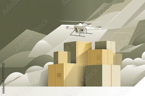 Drone Delivery Over Stacked Boxes in Abstract Minimalist Landscape