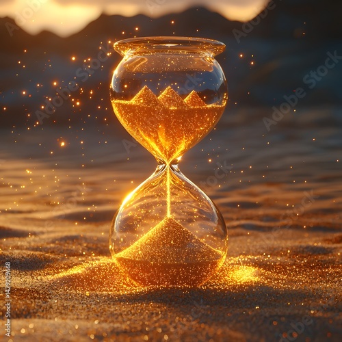 A glowing hourglass filled with sand dune shaped pyramids under a golden sunset