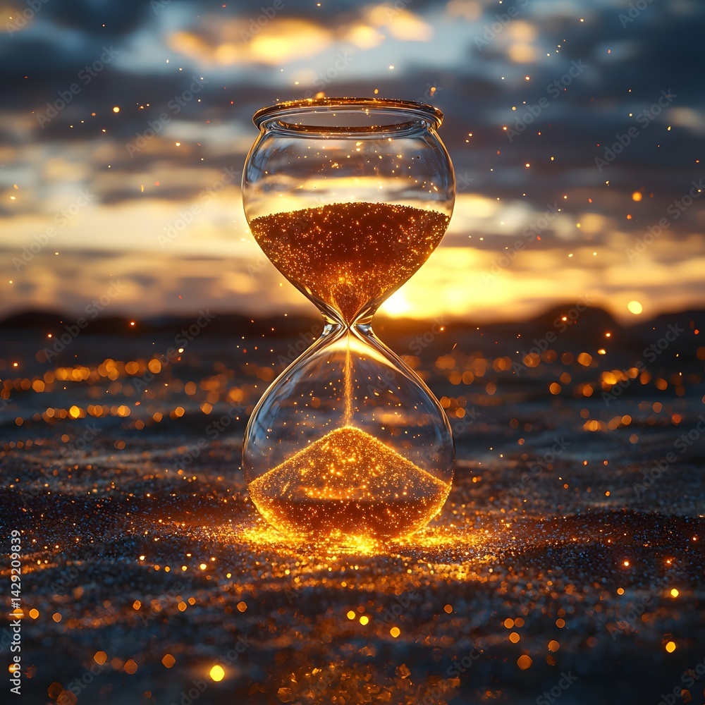 Glowing Hourglass of Sand at Sunset