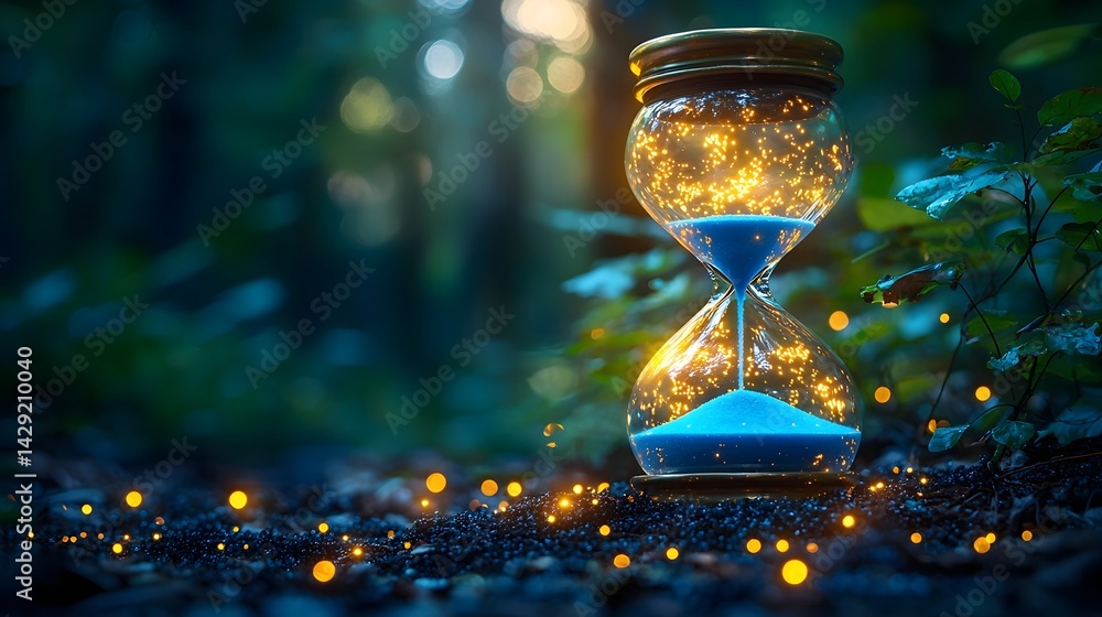 A mystical hourglass icon in an enchanted forest setting