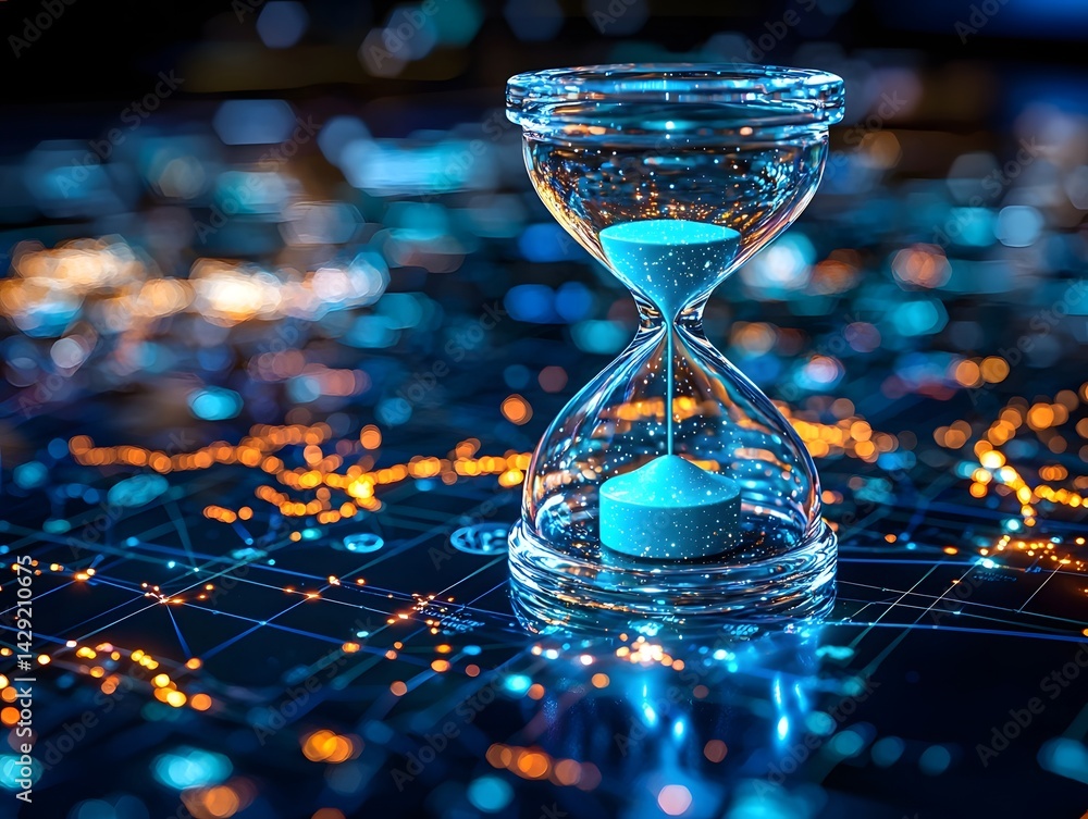 A luminescent crystal hourglass rests on a celestial map of glowing stars and constellations