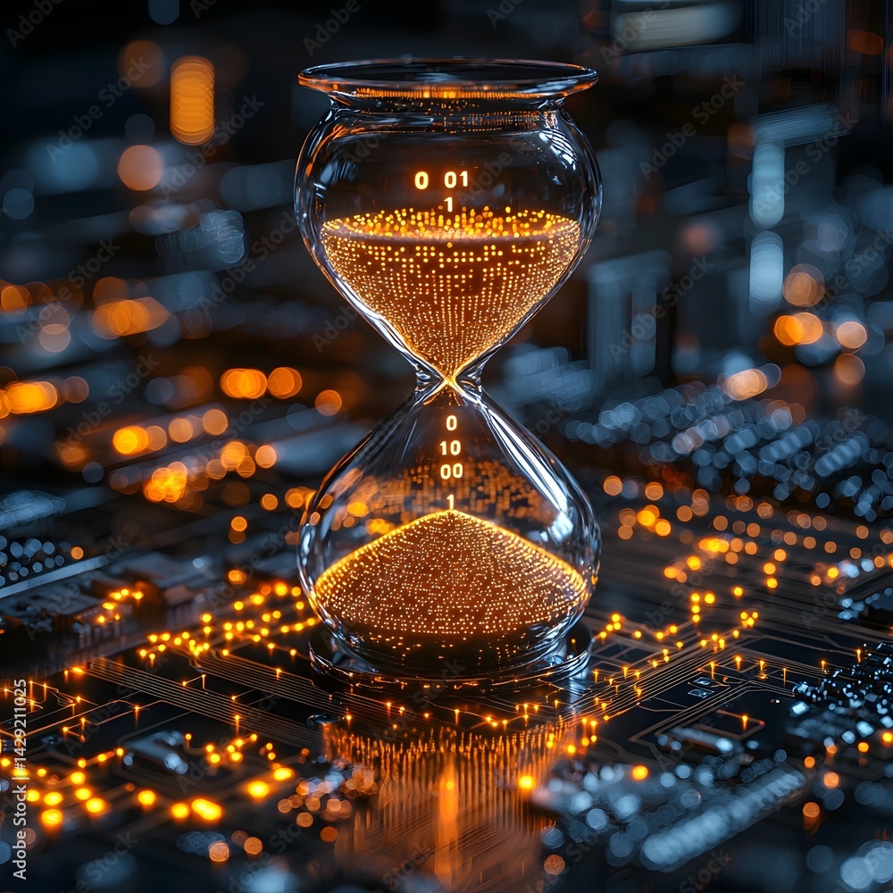 A digital hourglass icon with flowing binary code on a glowing circuit board