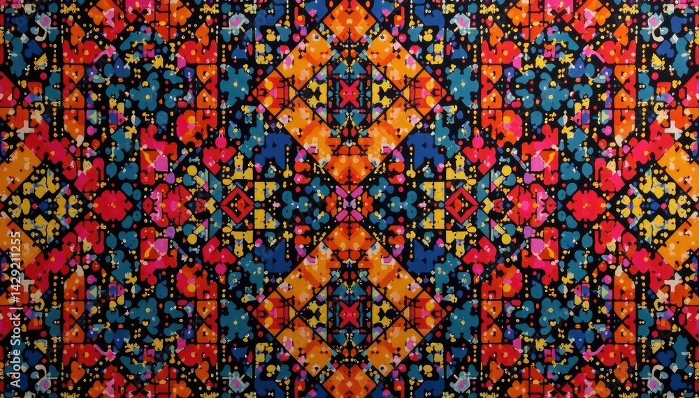 Geometric tapestry pattern, bold lines, muted tones, design element, graphic