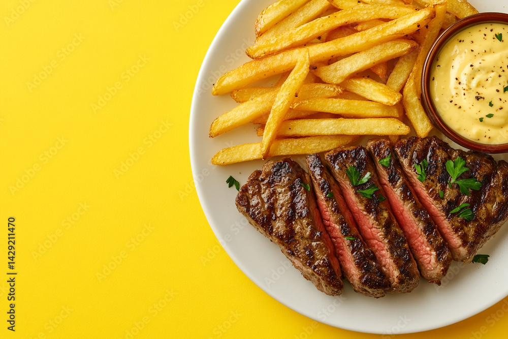Top View Of Steak Frites With Béarnaise On Vibrant Background With Copy Space, Food Photography