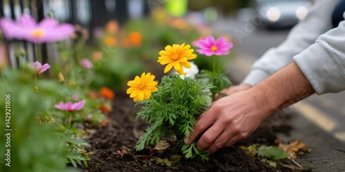 Fototapeta Naklejka Na Ścianę i Meble -  Hands Planting Bright Flowers Alongside Street