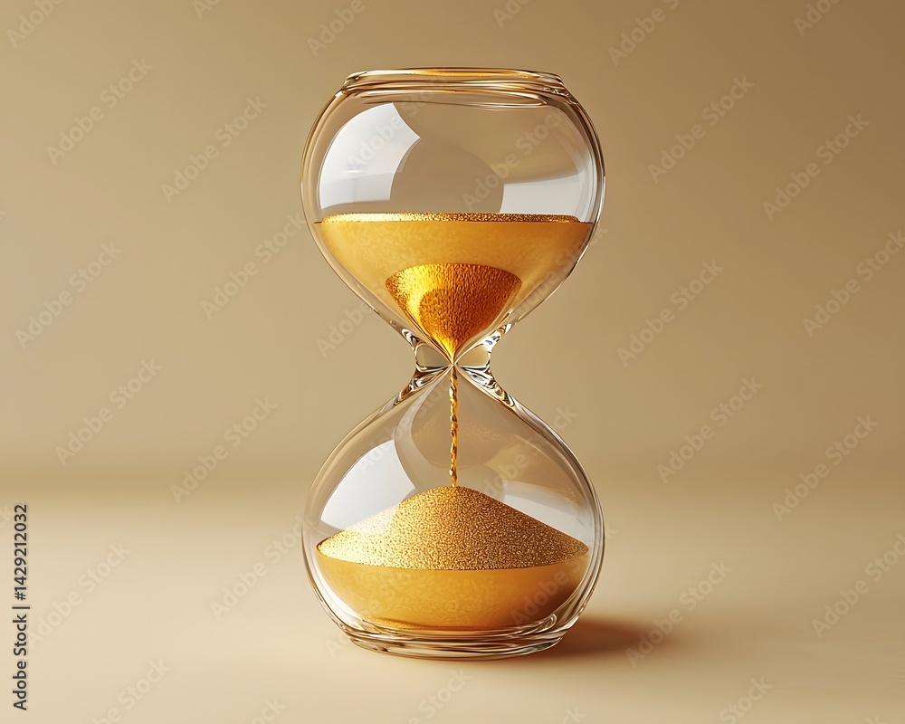 Flowing golden time in a minimalist hourglass