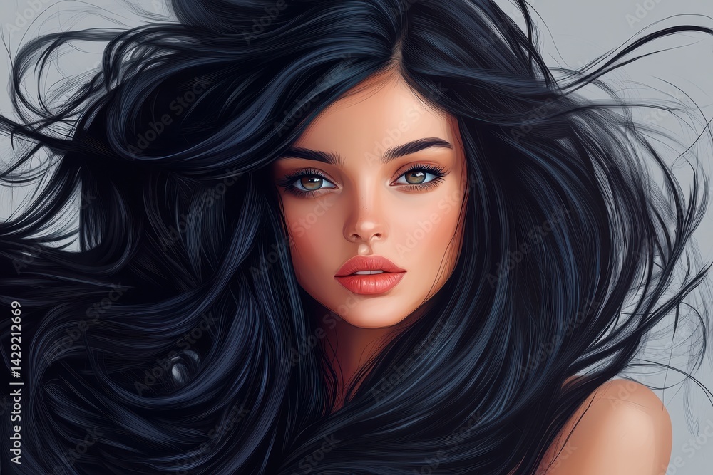 Obraz premium Elegant young model with black dyed hair captured in stunning generative AI fashion-inspired illustration