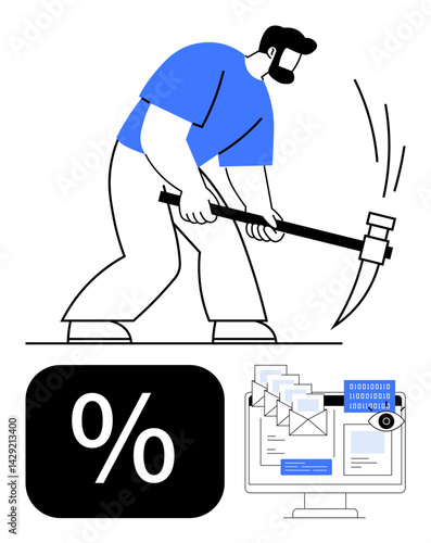 Worker using pickaxe symbolizing effort in extracting digital data. Monitor with emails, percentage box in concept of data mining, finance. Ideal for data analysis, efficiency, finance, digital