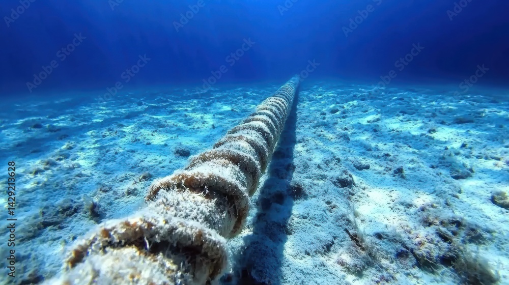 Obraz premium Underwater pipeline stretches through deep sea environment with marine growth in soft blue light