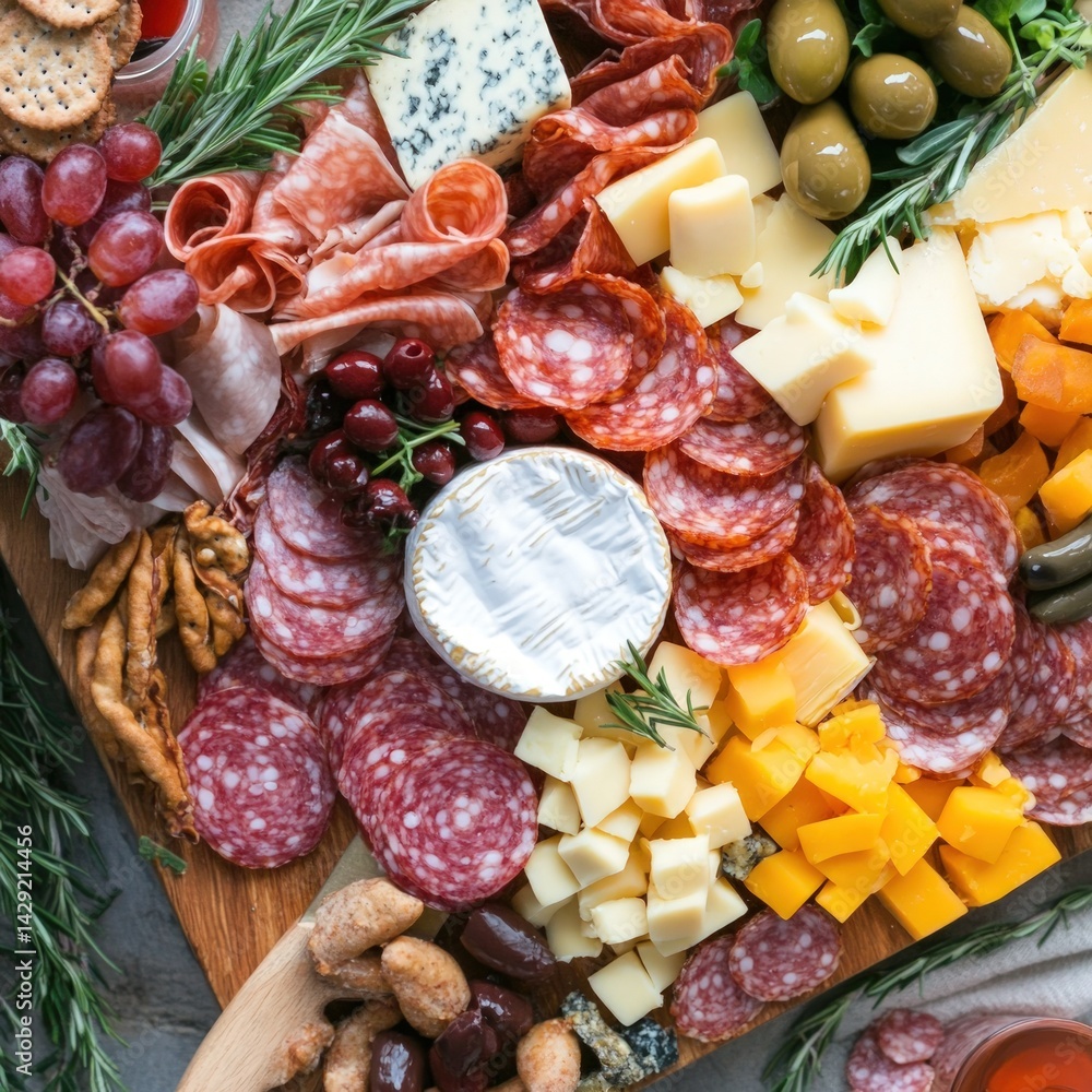 Gourmet charcuterie board overflowing with various meats, cheeses, olives, grapes, and crackers. Fresh herbs and nuts add a delightful touch Gourmet charcuterie board overflowing with various meats, cheeses, olives, grapes, and crackers. Fresh herbs and nuts add a delightful touch