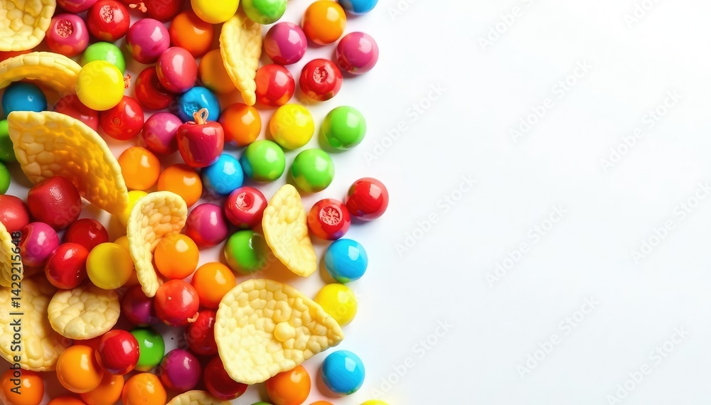Obraz premium Pile of colorful candy, chips, and soda on white , sugary, high calorie, sweets