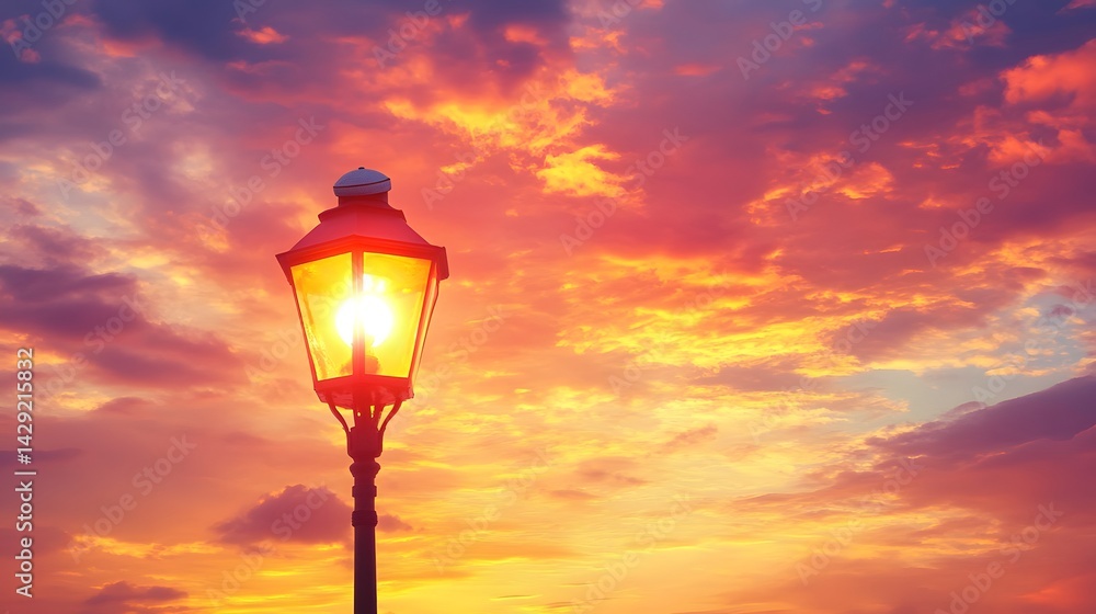 Sunset Glow Illuminates Old Street Lamp Post Sunset Glow Illuminates Old Street Lamp Post