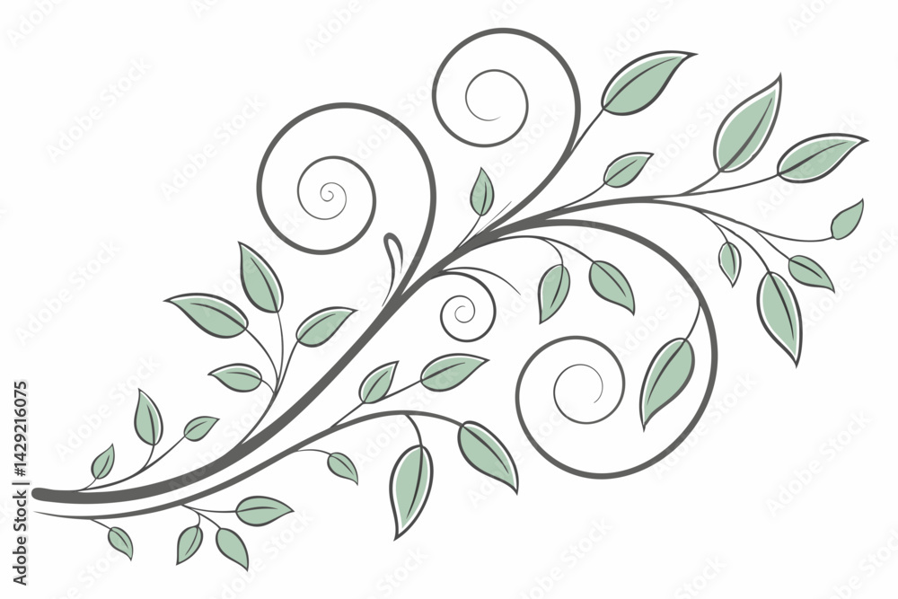 Obraz premium Line Art Swirl Shape with Tiny Leaves