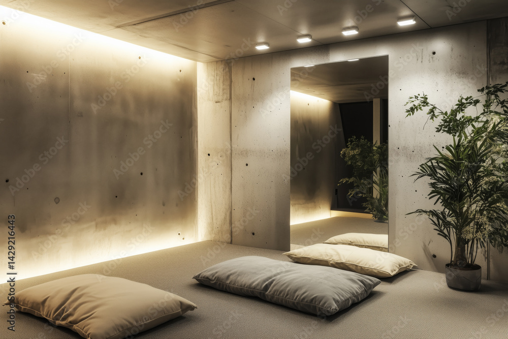 Fototapeta premium Empty room featuring soft pillows on floor and lush indoor plants in corners creating a serene and relaxing environment