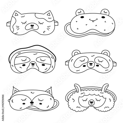 Childish line doodle animal sleeping mask set in the shape of frog, fox, cat, panda, sloth, llama head. Funny kids eye mask collection with pet head. Hand drawn sweet dreams accessory for nap.