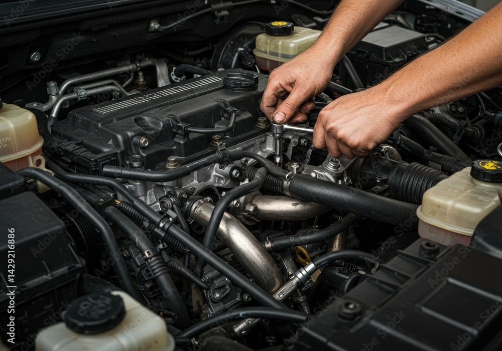 Car maintenance involves hands working on engine parts in a garage setting Car maintenance involves hands working on engine parts in a garage setting
