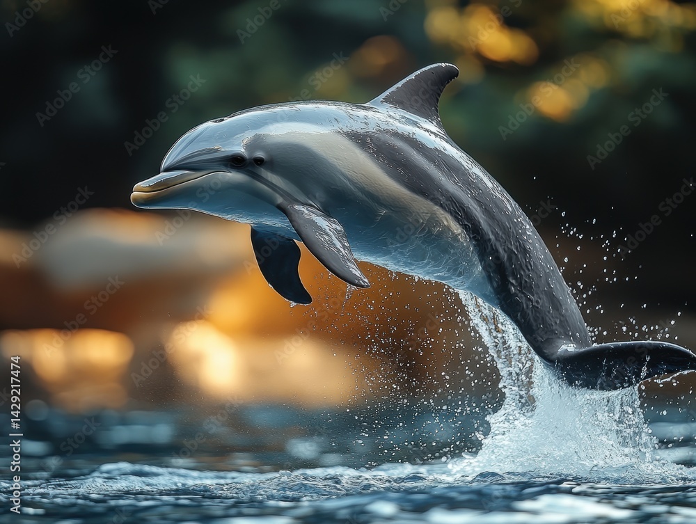 Fototapeta premium Dolphin leaping gracefully above water in a serene aquatic environment