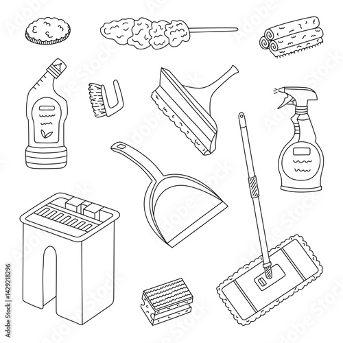 Childish sketch set with house cleansing supply. Hand drawn bucket, mop, dustpan,glass scraper, washing spray bottle, toilet disinfectant gel, roll of rags. Black and white home care doodle isolated.