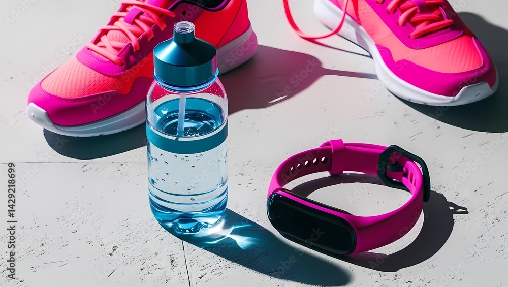 Bright pink athletic gear with water bottle and fitness tracker ready for workout