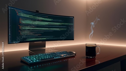Coding session at night with coffee and computer screen displaying lines of code
