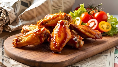 Delicious barbecue chicken wings served with fresh vegetables on a wooden platter
