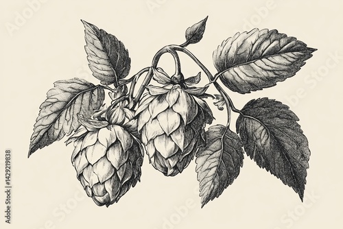 Detailed Botanical Engraving of Hop Cones and Leaves on Neutral Background
