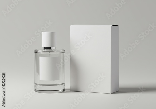 Wallpaper Mural Clear glass perfume bottle with white label and box on light gray background for branding mockup Torontodigital.ca