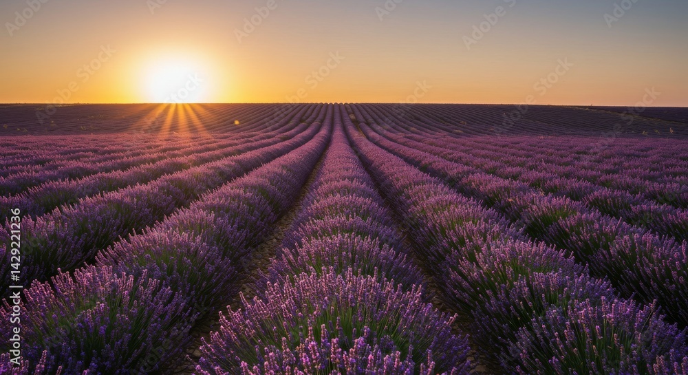 Naklejka premium Lavender Field Sunset Serenity - Stunning sunset over a vast lavender field, rows of purple flowers bathed in golden light. Peaceful and serene nature scene