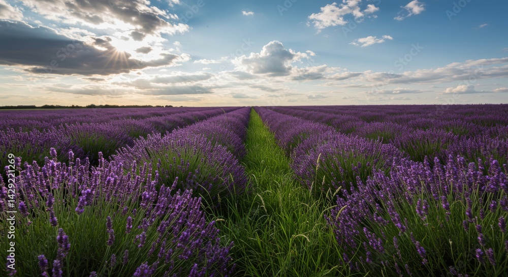 Naklejka premium Lavender Field Sunset Serenity - Stunning view of a lavender field at sunset, sun rays breaking through the clouds. Rows of purple lavender plants stretch to the horizon